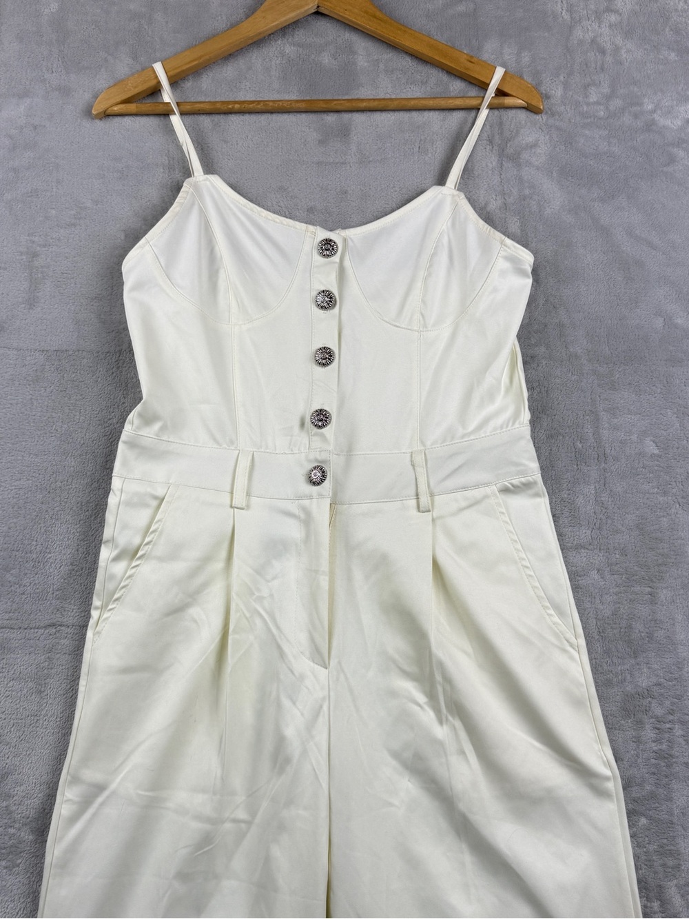 Women's Cream Wide-Leg Button-Front Jumpsuit Spaghetti Straps Pockets Size L - Picture 12 of 12